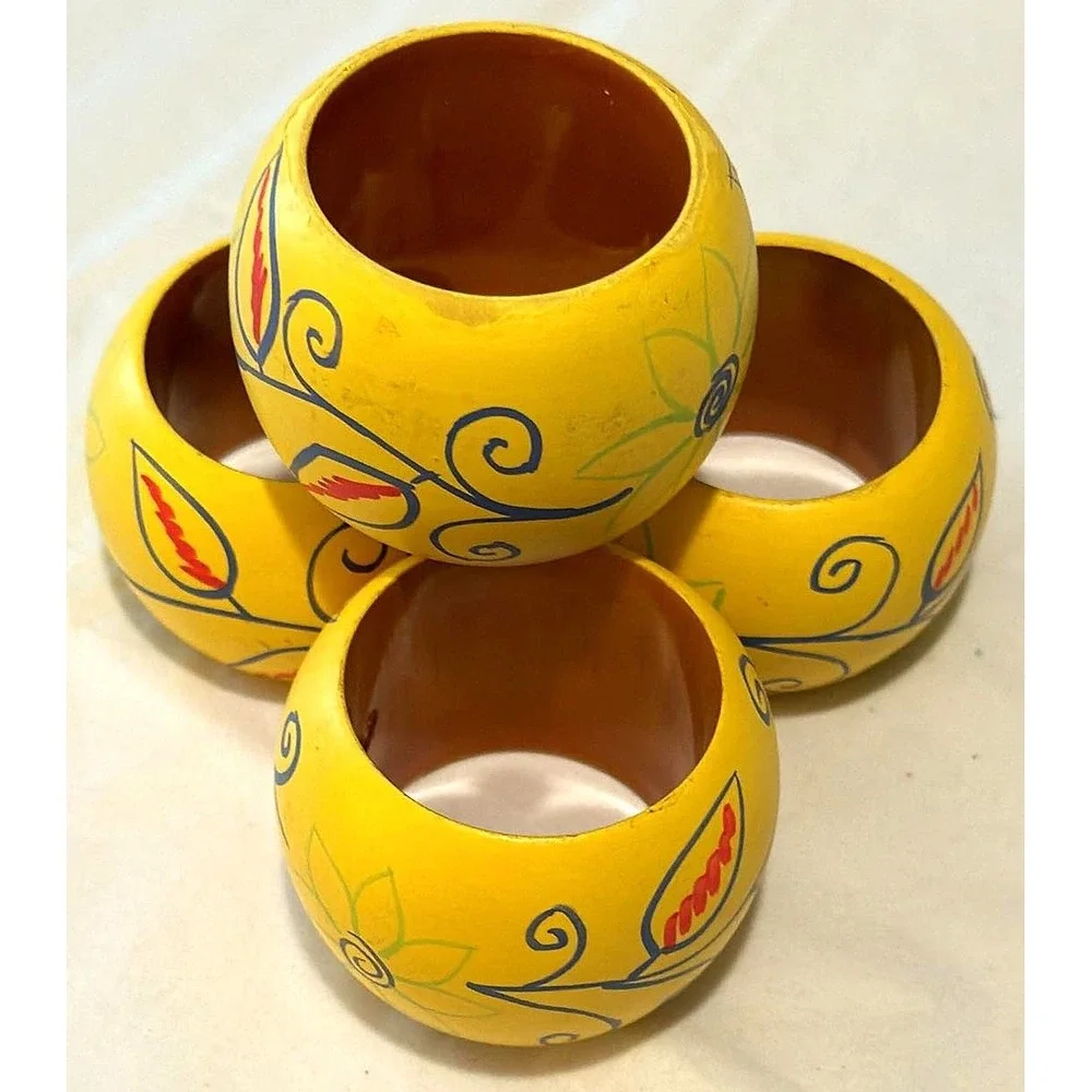 Wood Napkin Rings Set of 4 Yellow Hand Painted Floral Cottage Farmhouse